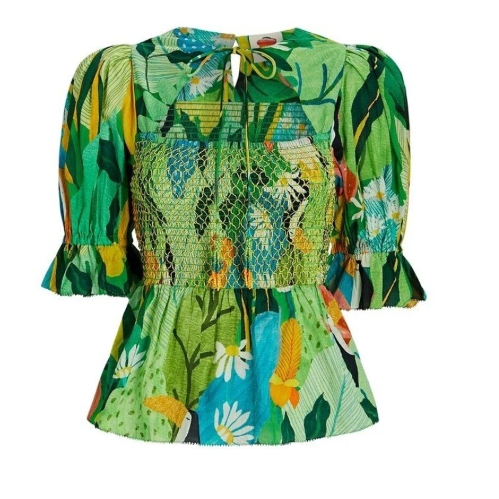 FARM Rio Green Floral Smocked Peplum Blouse with tie size M